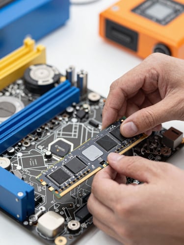 Macro close-up of a technician's hands carefully installing a RAM stick on a clean motherboard, bright workshop lighting, blue and orange accents