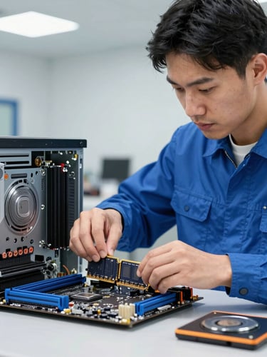 A technician in a blue work shirt carefully installing RAM into a desktop motherboard, crisp overhead workshop lighting, shallow depth of field.