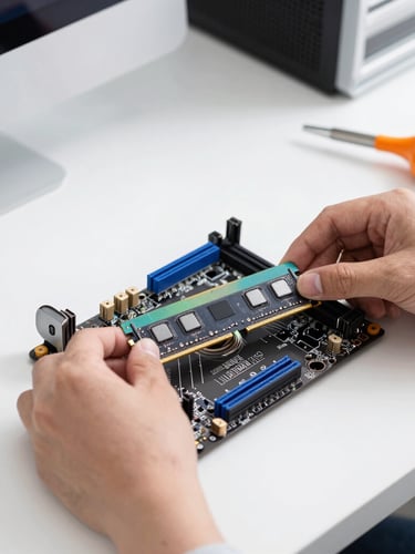 A crisp, close-up photograph of a clean, well-organized computer repair workbench. Hands in the frame carefully installing a stick of RAM into a motherboard under bright, focused studio lighting with subtle blue and orange tool accents.