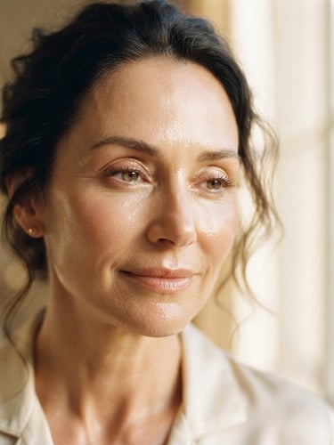 Close-up portrait of a woman's dewy skin, soft-focus, showing real texture, bathed in warm golden-hour window light, elegant and serene, shallow depth of field, 35mm, high-fashion editorial spa luxury.