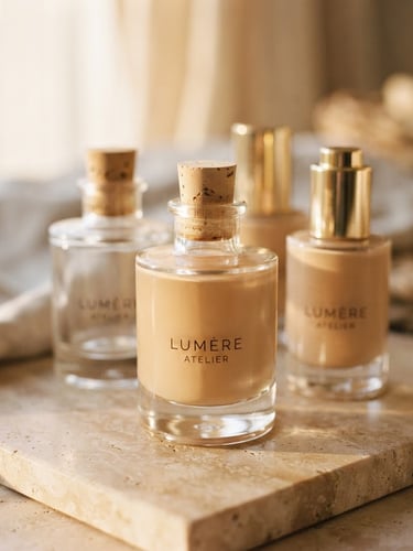 Soft-focus close-up of elegant glass bottles of LUMÈRE ATELIER makeup resting on a smooth, warm natural stone surface, bathed in diffused golden-hour window light, shallow depth of field.