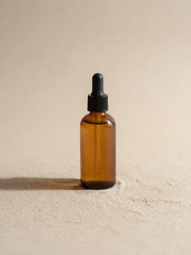 Minimalist amber cosmetic bottle on a clean sand surface, soft diffused natural light, warm editorial style