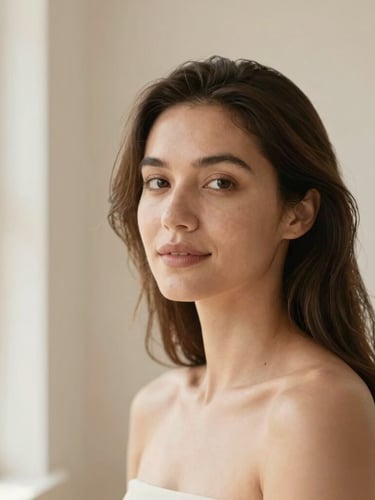 A warm professional portrait of a woman with healthy glowing skin and natural hair, soft daylight from a window, clean minimalist cream background, 35mm photography