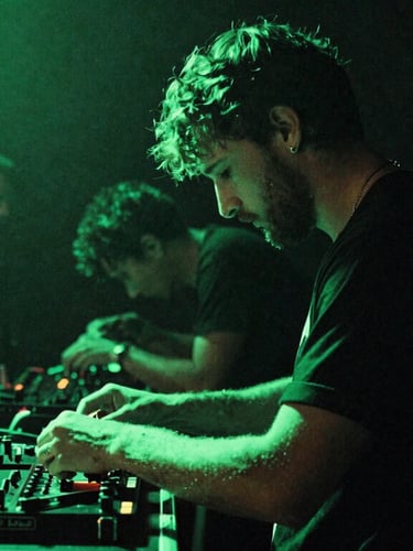 Intimate backstage preparation with an artist adjusting their gear under low-key green neon light, atmospheric 35mm film style.