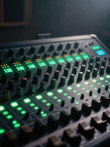 Gritty close-up of a music mixing console with glowing green level meters in a dark studio, atmospheric haze