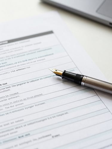 Close-up of structured tax documents and a fountain pen on a clean slate desk, soft side lighting, sharp focus, 35mm