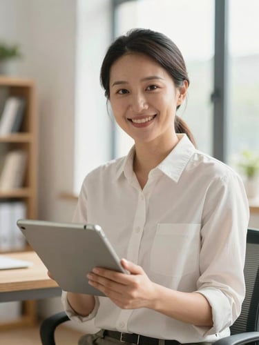 Portrait shot of a caring, professional tutor with a warm smile, holding a tablet, in a modern, organized home office setting, soft natural window light.