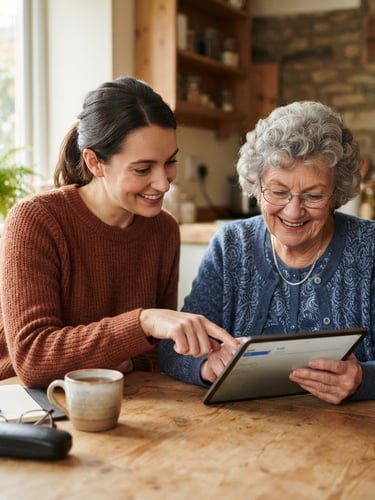 Friendly female tutor patiently guiding a senior woman on a tablet at a bright kitchen table, warm natural light, shallow depth of field, 35mm
