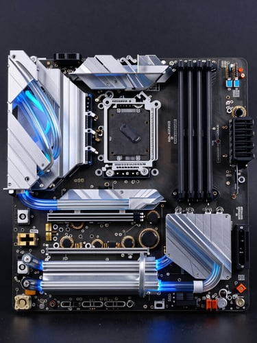 Straight-on macro shot of a custom liquid-cooled motherboard, glowing cool-toned blue coolant running through clear acrylic tubes, silver heat sinks, dark charcoal background, sharp focus.