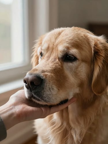 A close-up of a gentle hand resting on a senior golden retriever's gray muzzle, soft warm window light, shallow depth of field, 35mm