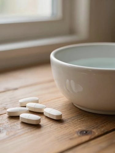 A close-up of natural joint supplements next to a ceramic water bowl on a rustic wooden floor, soft warm morning light, shallow depth of field, 35mm