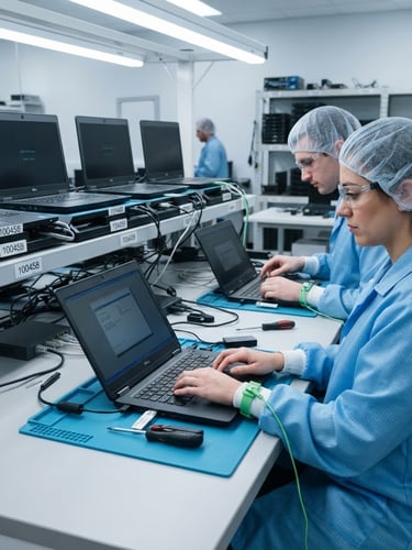 Technicians in ESD gear configuring enterprise laptops on a clean, bright workbench, asset tags visible, cool-toned studio lighting, sharp focus, 35mm