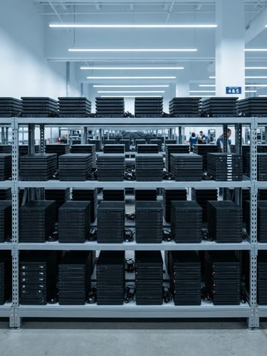 Wide, straight-on shot of neatly stacked enterprise laptops in a clean, brightly lit staging depot, sharp focus, cool tones, 35mm