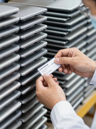 Close-up of a technician's hands in ESD gear scanning an asset tag on a neatly stacked enterprise laptop, high-key warehouse lighting, sharp focus, 35mm