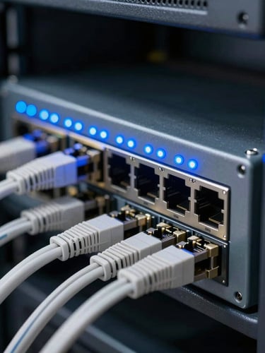 Close-up of enterprise network switch with glowing blue LED status lights, clean Cat6 cabling, dark server rack environment.