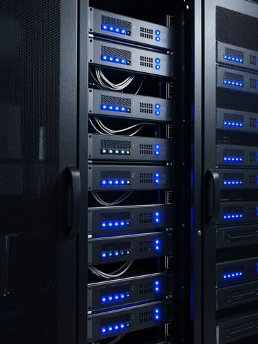 Low-light vertical view of a high-security server room, glowing electric blue status LEDs on pristine server racks, immaculate cable management, high-contrast shadows.
