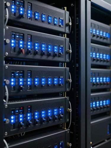 Low-light close-up of immaculate enterprise server racks glowing with cool blue LED indicators, sharp focus on structured cabling.