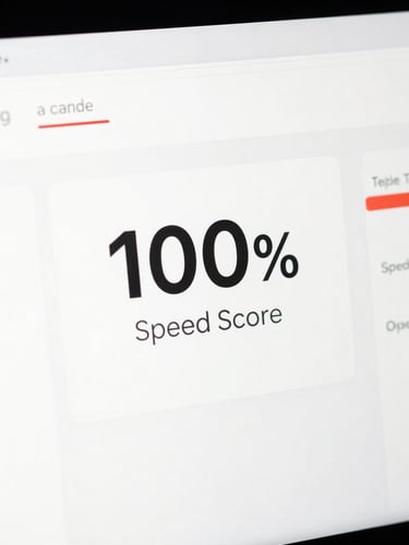 Macro straight-on shot of clean website performance dashboard UI, displaying 100% speed score, slate and white tones with soft crimson accents, bright studio lighting