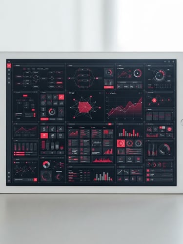 Straight-on macro shot of a sleek dark-mode UI web interface on a white device screen, clean grid lines, sharp crimson highlights, bright natural studio light