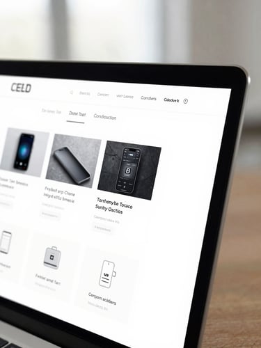 Clean tech-editorial photography, bright natural studio light, crisp white and slate tones, sharp macro focus on a high-fidelity website mockup displaying modern UI components