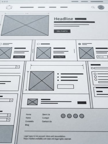 Straight-on macro shot of a clean web interface layout wireframe, soft natural studio lighting, white and slate tones