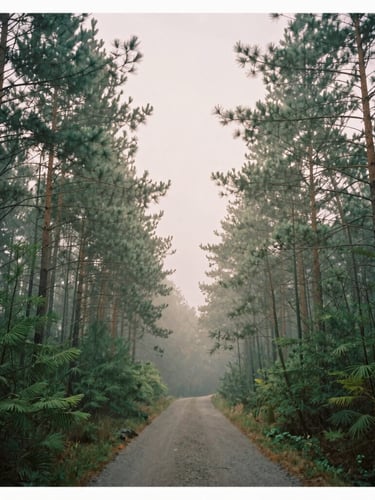 Misty forest path with towering pine trees in soft morning fog, diffused overcast daylight, muted forest green and pastel tones, minimalist composition, 35mm