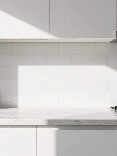 Sharp architectural photography of a modern kitchen remodel in San Diego, bright natural daylight, clean tile lines, high-contrast crisp details, 35mm lens