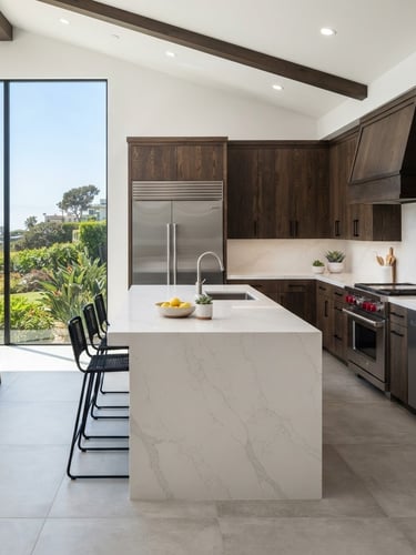 Sharp architectural photography of a modern luxury kitchen remodel in La Jolla, bright natural daylight, white quartz countertops, custom dark oak cabinets, crisp miter joints, 35mm lens.