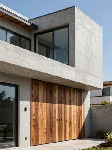 Sharp architectural photo of a modern coastal home exterior in San Diego, bright natural daylight, clean lines, raw concrete and wood textures, 35mm lens.