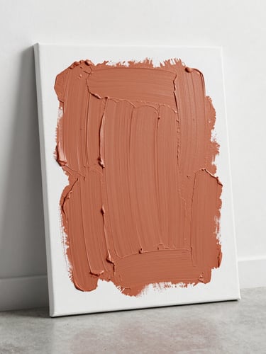 Crisp editorial portrait of a physical canvas with thick textured terracotta paint strokes resting on a clean concrete surface, natural side lighting, 35mm