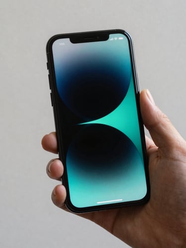Close-up of a hand holding a smartphone showing a beautiful, high-contrast dark mode app interface with vibrant turquoise details, soft natural daylight, 35mm