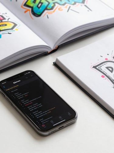 Close-up of a designer's desk with open art books showing colorful graffiti sketches alongside a modern smartphone displaying clean code interfaces, sharp focus, 35mm