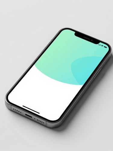 A crisp flat-lay of a modern smartphone displaying a clean mobile app interface with mint green and turquoise accents, sharp studio lighting, neutral background, 35mm