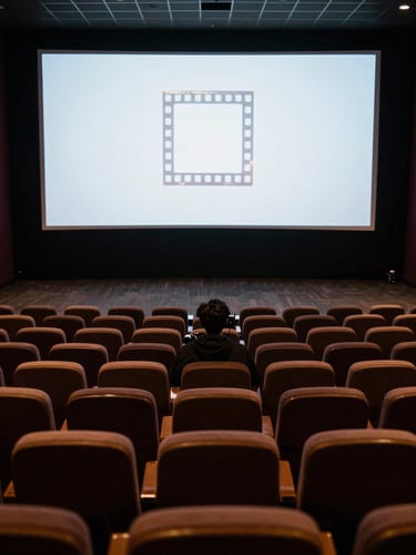 Wide festival theater interior, low ambient light, rows of seats facing a large projection screen showing a film frame, a single young filmmaker silhouetted in the aisle mid-row, theater lighting warm and incidental, no posed elements
