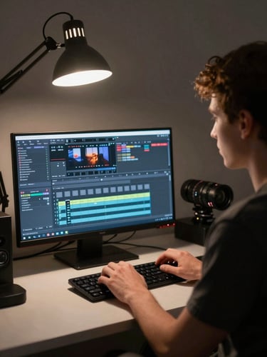 Over-the-shoulder wide shot of a young filmmaker at a desktop editing suite, monitor glowing with a film timeline, hands resting on keyboard, dimly lit room with a single tungsten desk lamp, natural documentary framing