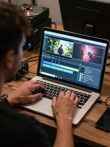 Over-the-shoulder shot of a filmmaker reviewing footage on a laptop in a dim editing suite, monitor glow illuminating hands and keyboard, cables and hard drives visible on the desk, candid and unposed