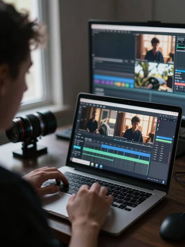 Close-up over-the-shoulder shot of a young filmmaker reviewing footage on a laptop in a darkened editing suite, hands resting on keyboard, screen light illuminating their face, film stills visible on the monitor, natural ambient light from a narrow window at left