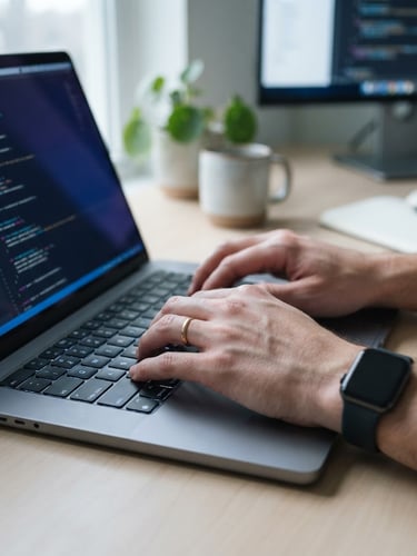 modern tech photography, cool daylight with subtle blue screen-glow, close-up of hands typing on a laptop in a clean minimalist workspace, sharp focus, 35mm lens