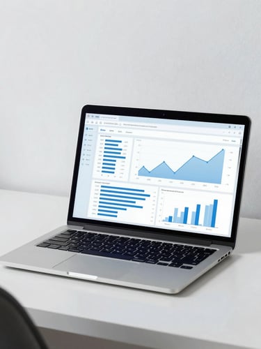 Over-the-shoulder shot of a clean minimalist workspace during cool daylight, a laptop screen displaying structured sales analytics and graphs with a subtle blue glow, sharp focus, 35mm lens