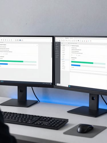 modern tech photography, cool daylight, over-the-shoulder shot of a dual-monitor setup showing clean software analytics, sharp focus