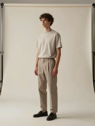Wide editorial studio frame, a model in neutral tones standing against a pale cream backdrop, single key light from the left casting a precise soft shadow, generous negative space to the right, shot from eye level