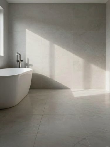 Wide architectural shot of a completed bathroom installation under cool north-facing daylight: large-format porcelain floor tiles, wall-mounted faucet in brushed steel, freestanding tub to the left, empty space with clean lines, no people, no steam