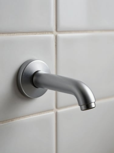 Close-up architectural detail of a wall-mounted matte chrome faucet against large-format porcelain wall tiles, studio strobe lighting revealing precise surface texture of both the faucet finish and the tile glaze, no hands, no people, extreme foreground sharpness