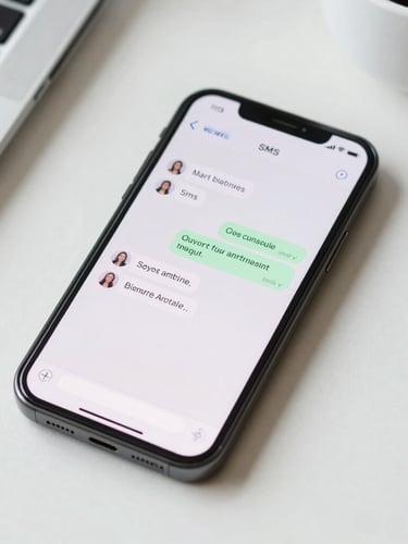 Close-up shot of a smartphone screen displaying an automated SMS conversation with a customer, bright daylight, minimal modern desk background.