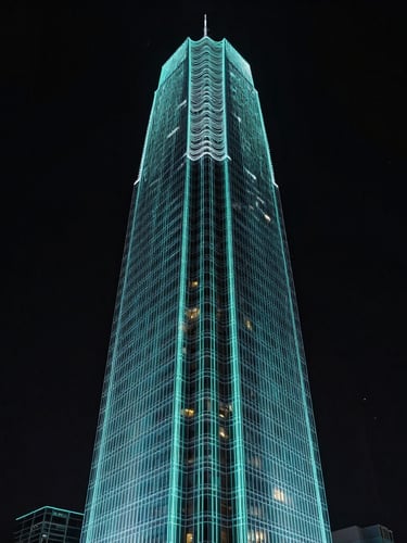 A high-resolution digital twin wireframe model of a modern skyscraper showing structural stress points in glowing cyan lines over an obsidian background, high-contrast chiaroscuro