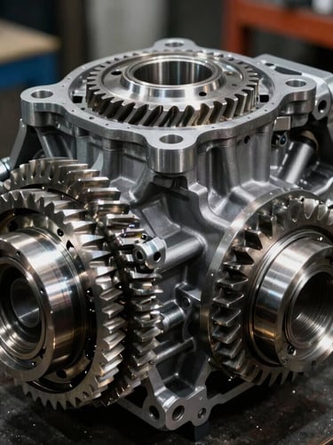 Macro shot of clean disassembled automatic transmission gear set, high-contrast workshop lighting, metallic reflections, 35mm