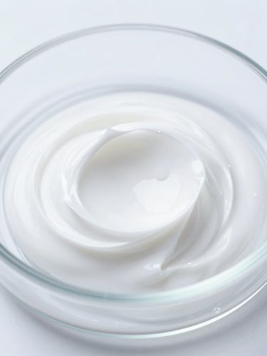 Macro close-up of a smooth, white cosmetic cream texture in a sterile lab dish, bright high-key studio lighting, cool white tones, sharp focus, clean clinical aesthetic.