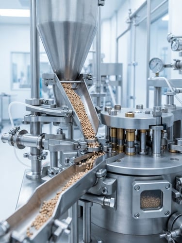 Close-up of stainless steel veterinary supplement manufacturing equipment in a bright, high-key cleanroom, cool white tones, sharp focus.