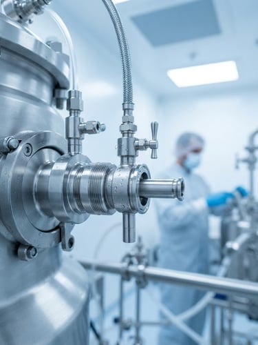 Macro close-up of a high-precision stainless steel bioreactor nozzle in a sterile white cleanroom, cool blue tones, sharp focus, 35mm