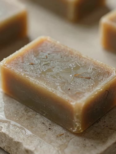 Close-up macro of a textured herbal shampoo bar on a wet stone surface, soft natural morning light, warm earthy tones, organic botanical ingredients blurred in background